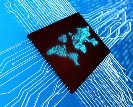 Circuit board and world map, electronic network technology Stockillustratie