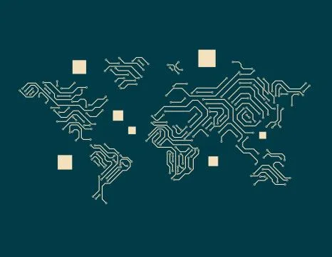 Circuit board and world map, electronic technology network data 스톡 일러스트