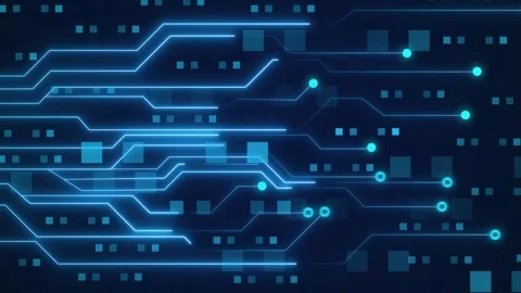Circuit board animation with blue lines and square data blocks. Circuit boa.. Stock Footage 341128005