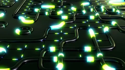 Circuit board animation with glowing light flowing through tubes Stock Footage 327500985