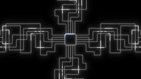 Circuit Board Animation with Glowing Lines and Moving Electrons on Black 4K Stock Footage 345687839