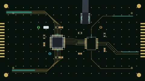 Circuit board animation with microchip data transfer, technology loop 스톡 동영상 347245121