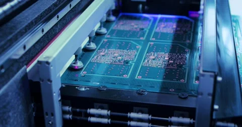 Circuit board in automatic equipment on conveyor line with blue light flashes. Stock Footage 206794943