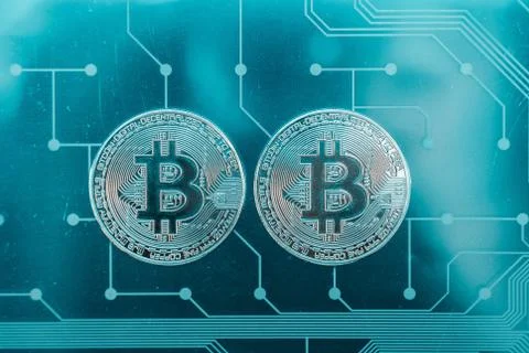 Circuit board with a bitcoin Foto stock