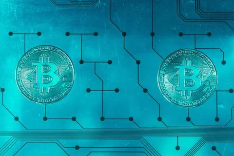Circuit board with a bitcoin 스톡 사진