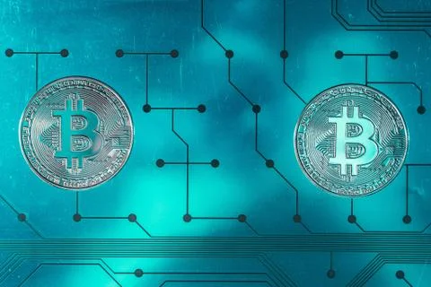 Circuit board with a bitcoin 스톡 사진