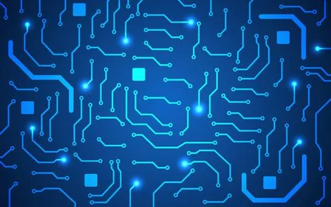 Circuit board. Blue tech background. Futuristic technology concept. Bright el Stock Illustration
