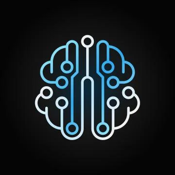 Circuit board brain blue vector outline icon on dark background 스톡 일러스트