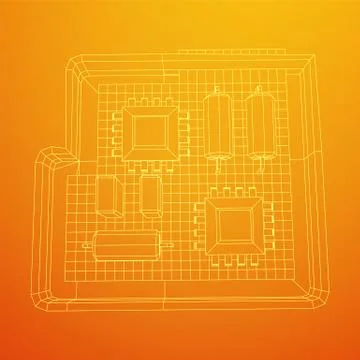 Circuit board in case. Electronic computer components motherboard. Stock Illustration