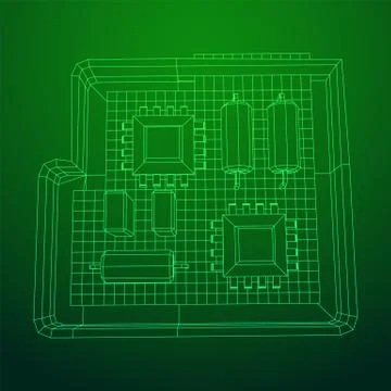 Circuit board in case. Electronic computer components motherboard. Illustrazione stock
