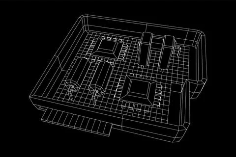 Circuit board in case. Electronic computer components motherboard. Stock Illustration