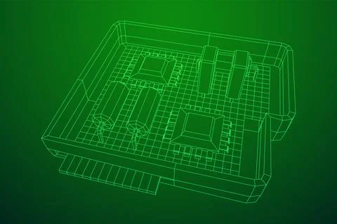 Circuit board in case. Electronic computer components motherboard. Stock Illustration