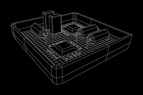 Circuit board in case. Electronic computer components motherboard. Stock Illustration