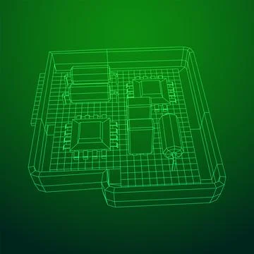 Circuit board in case. Electronic computer components motherboard. Stock Illustration