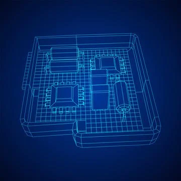 Circuit board in case. Electronic computer components motherboard. Stock Illustration