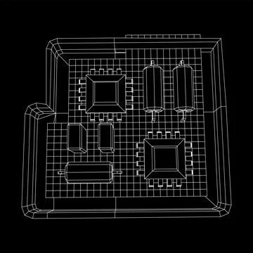 Circuit board in case. Electronic computer components motherboard. Stock Illustration