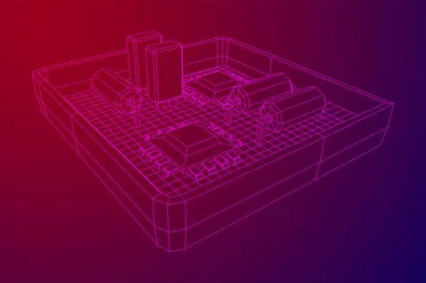 Circuit board in case. Electronic computer components motherboard. Stock Illustration