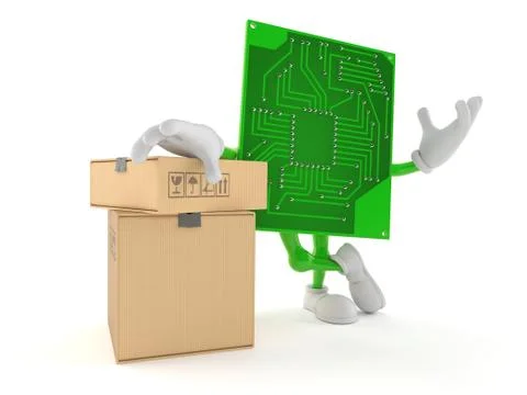 Circuit board character with stack of boxes 스톡 일러스트