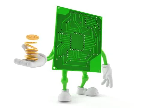 Circuit board character with stack of coins Stock Illustration