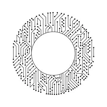 Circuit board circle frame. Abstract digital round frame, hardware board and Illustrazione stock