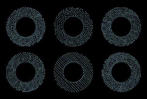 Circuit board circle frames. Abstract digital round frame, hardware board and Illustrazione stock