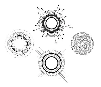 Circuit board circle frames. Abstract digital round frame, hardware board and Illustrazione stock
