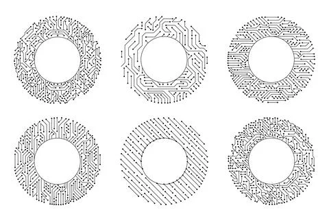 Circuit board circle frames. Abstract digital round frame, hardware board and Illustrazione stock