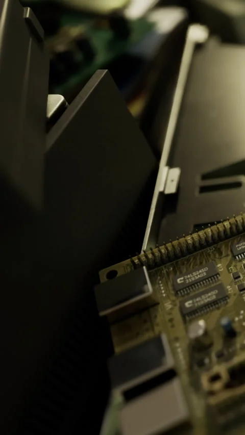 Circuit board close up showing electronic components in a workshop setting 库存影片 335963859
