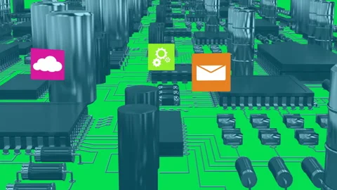 Circuit board with cloud, gear, envelope icons showing technology integration Stock Footage 303528032