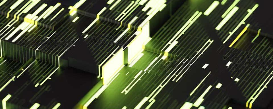 Circuit board computer hardware with green led lighting 3d render illustration Illustrazione stock