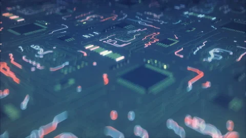 Circuit board conducts electric current seamless loop 3D render animation Stock Footage 111153810