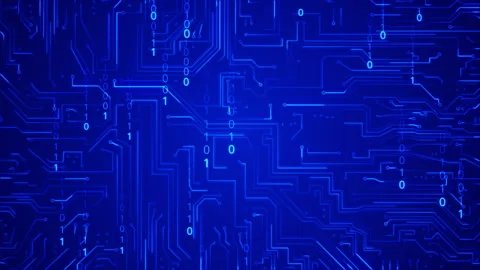 Circuit board connection and falling down binary code on blue background Stock Footage 246775544