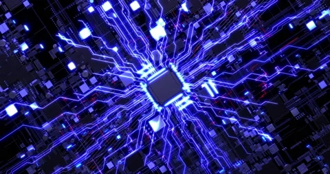 Circuit Board CPU Processor. Electrical Data And Signals Flowing. Stock Footage 235233331