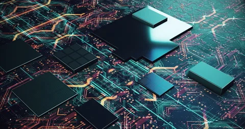 Circuit Board CPU Processor Starting Digitalization Process and Cloud Computing. Stock Footage 191318139