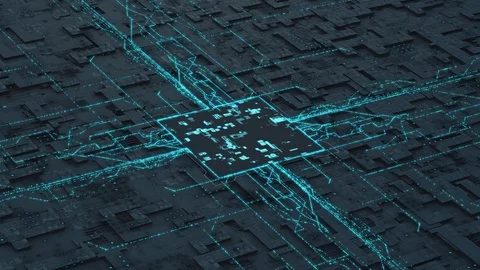 Circuit board with data streams Stock Footage 107156964
