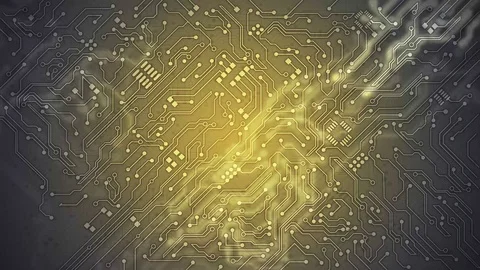 Circuit Board with electricity motion graphic dark yellow Stock Footage 99715133