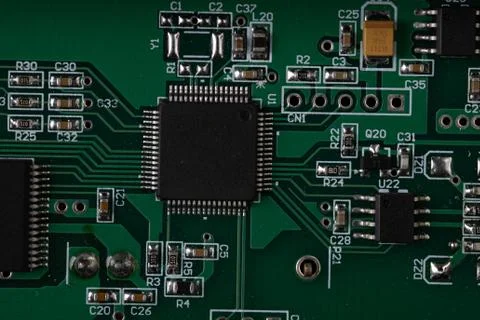 Circuit board with electronic components close up Stock Photos