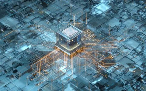 Circuit board, electronics cyberspace background, 3d rendering. Stock Illustration