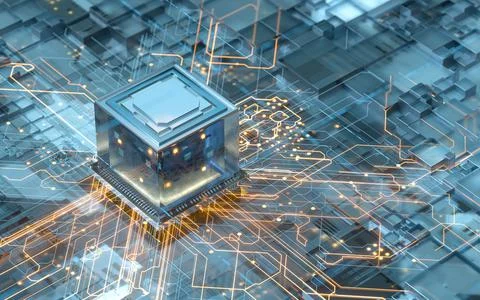 Circuit board, electronics cyberspace background, 3d rendering. Stock Illustration