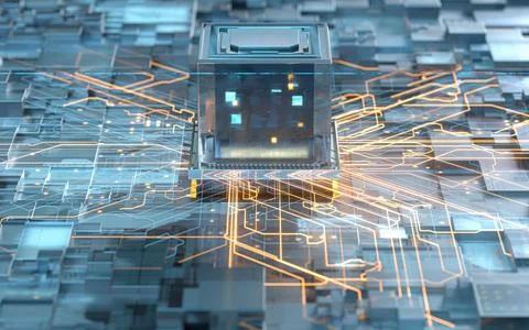 Circuit board, electronics cyberspace background, 3d rendering. Stock Illustration