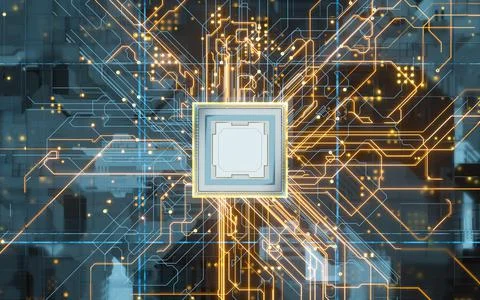 Circuit board, electronics cyberspace background, 3d rendering. Stock Illustration