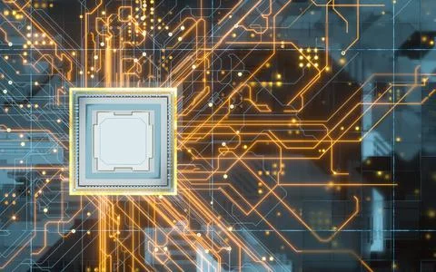 Circuit board, electronics cyberspace background, 3d rendering. Illustrazione stock