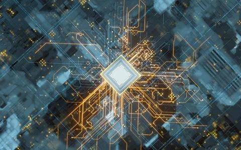 Circuit board, electronics cyberspace background, 3d rendering. Stock Illustration
