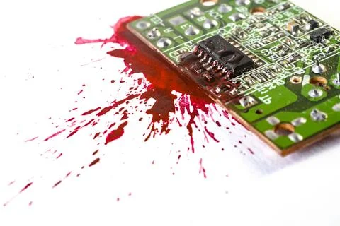 Circuit board explosion, with red paint, blood explosion of an electronic c.. Stock Photos