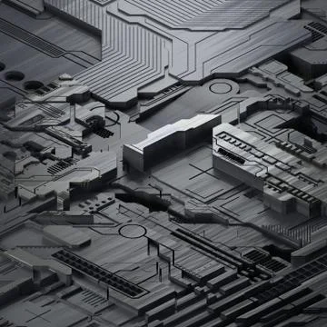 Circuit board futuristic server code processing. Gray technology background. 3d Illustrazione stock