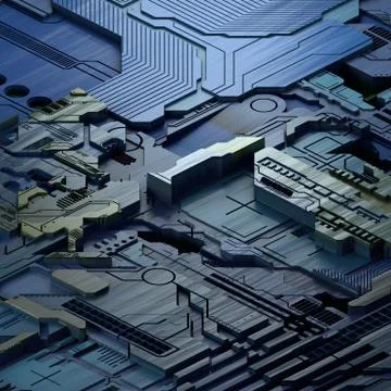 Circuit board futuristic server code processing. Blue technology background. 3d Stock Illustration