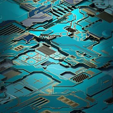 Circuit board futuristic server code processing. Turquoise technology background Illustrazione stock