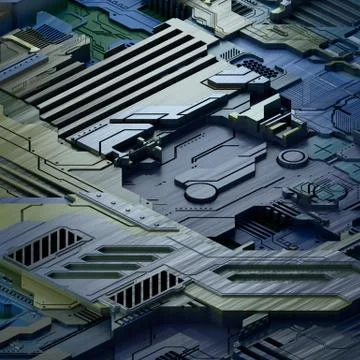 Circuit board futuristic server code processing. Blue technology background. 3d Stock Illustration