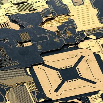Circuit board futuristic server code processing. Gold and black technology Stock Illustration