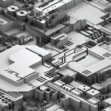 Circuit board futuristic server code processing. White technology background. 3d イラスト素材